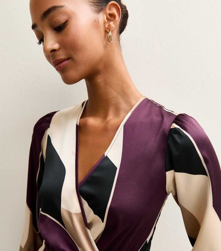 Purple Satin Patterned Wrap Midi Dress