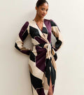 Purple Satin Patterned Wrap Midi Dress