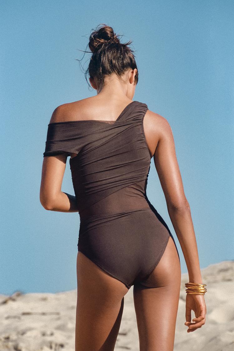ASYMMETRIC TULLE CUT-OUT SWIMSUIT