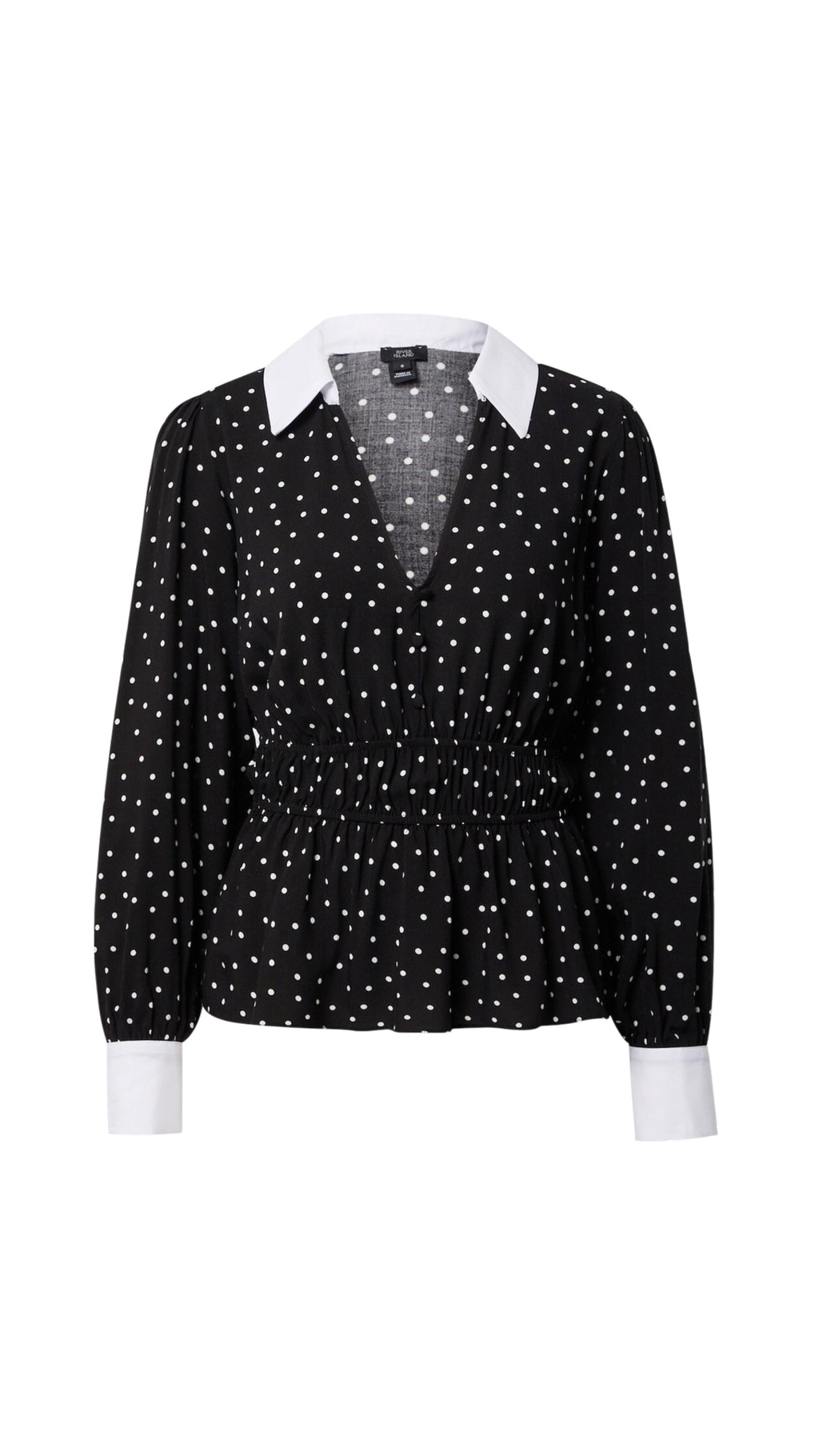 Polka Dot Contrast-Collar Peplum Blouse