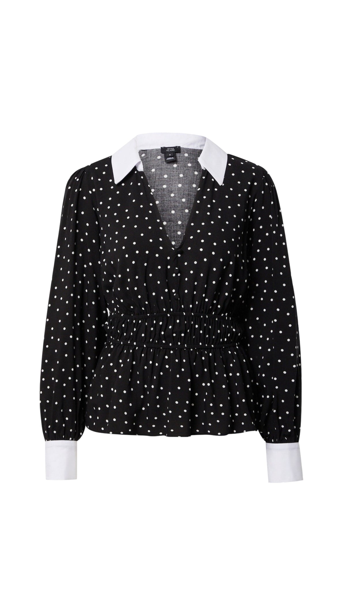 Polka Dot Contrast-Collar Peplum Blouse