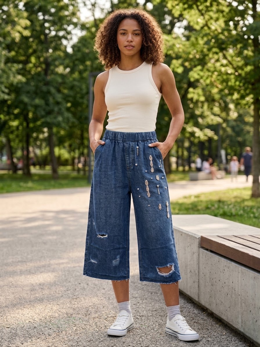 Rhinestone Denim Bermuda Shorts