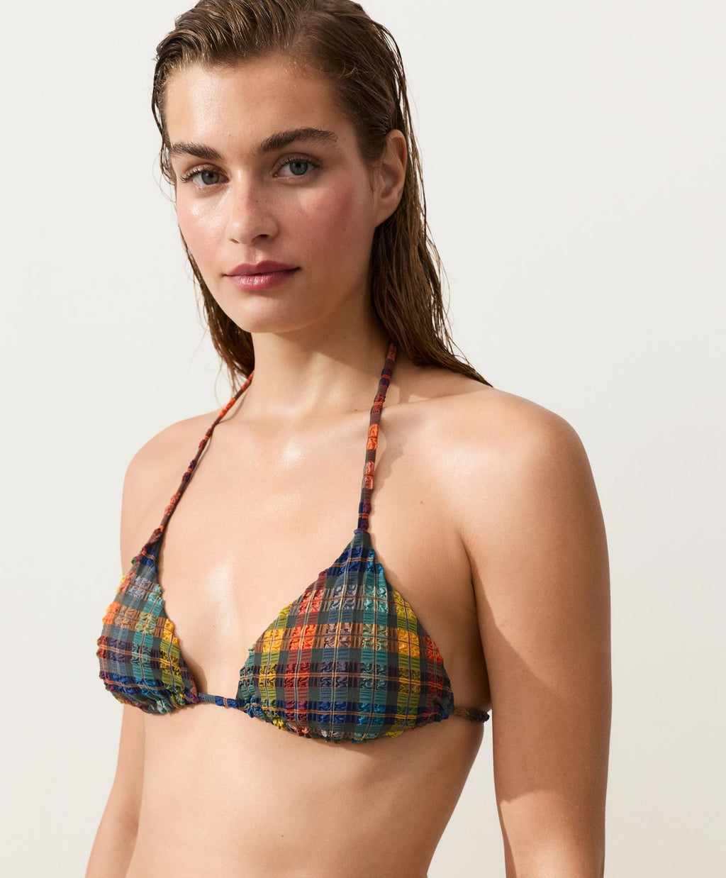 Textured check print triangle bikini