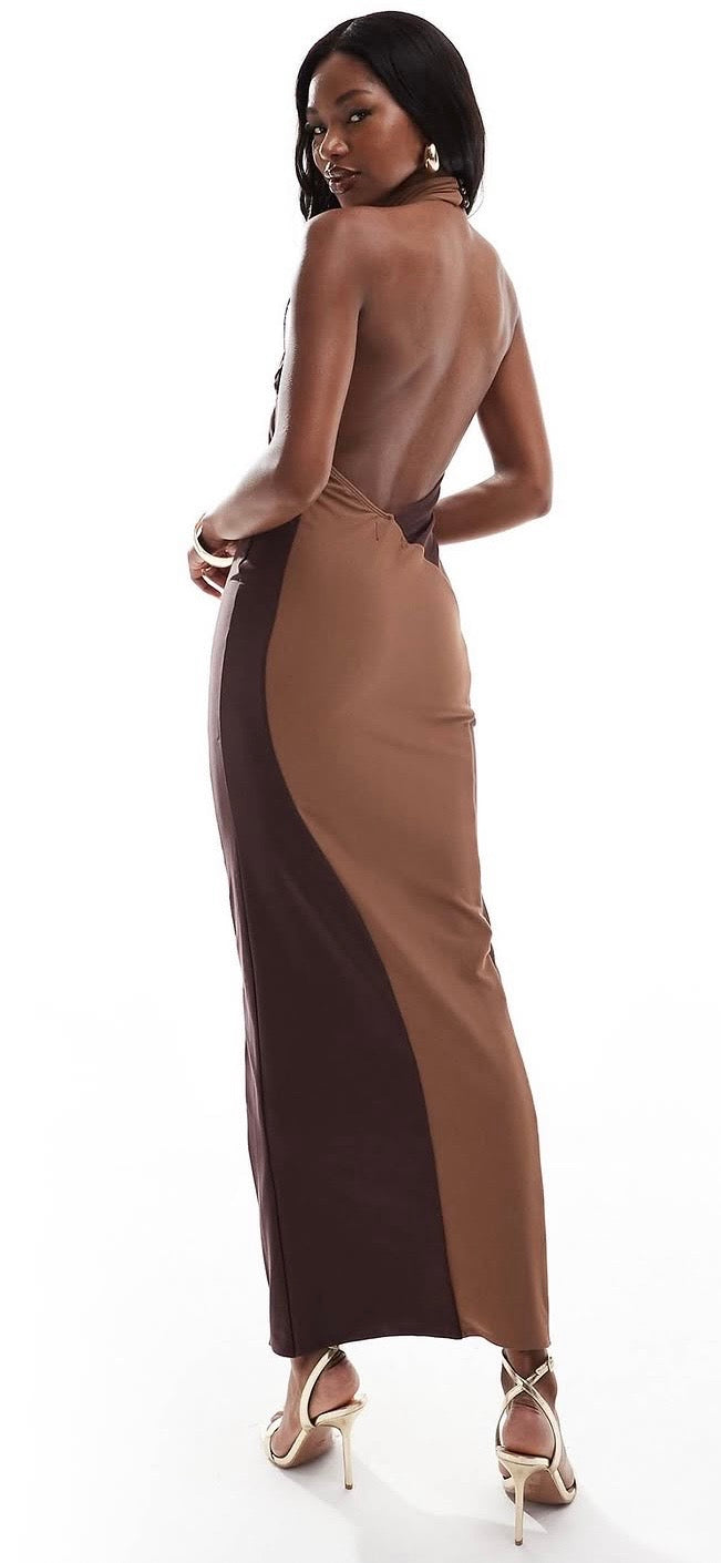 Two-Tone Colorblock Halter Maxi Dress