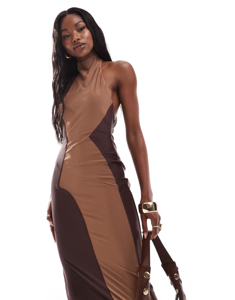 Two-Tone Colorblock Halter Maxi Dress