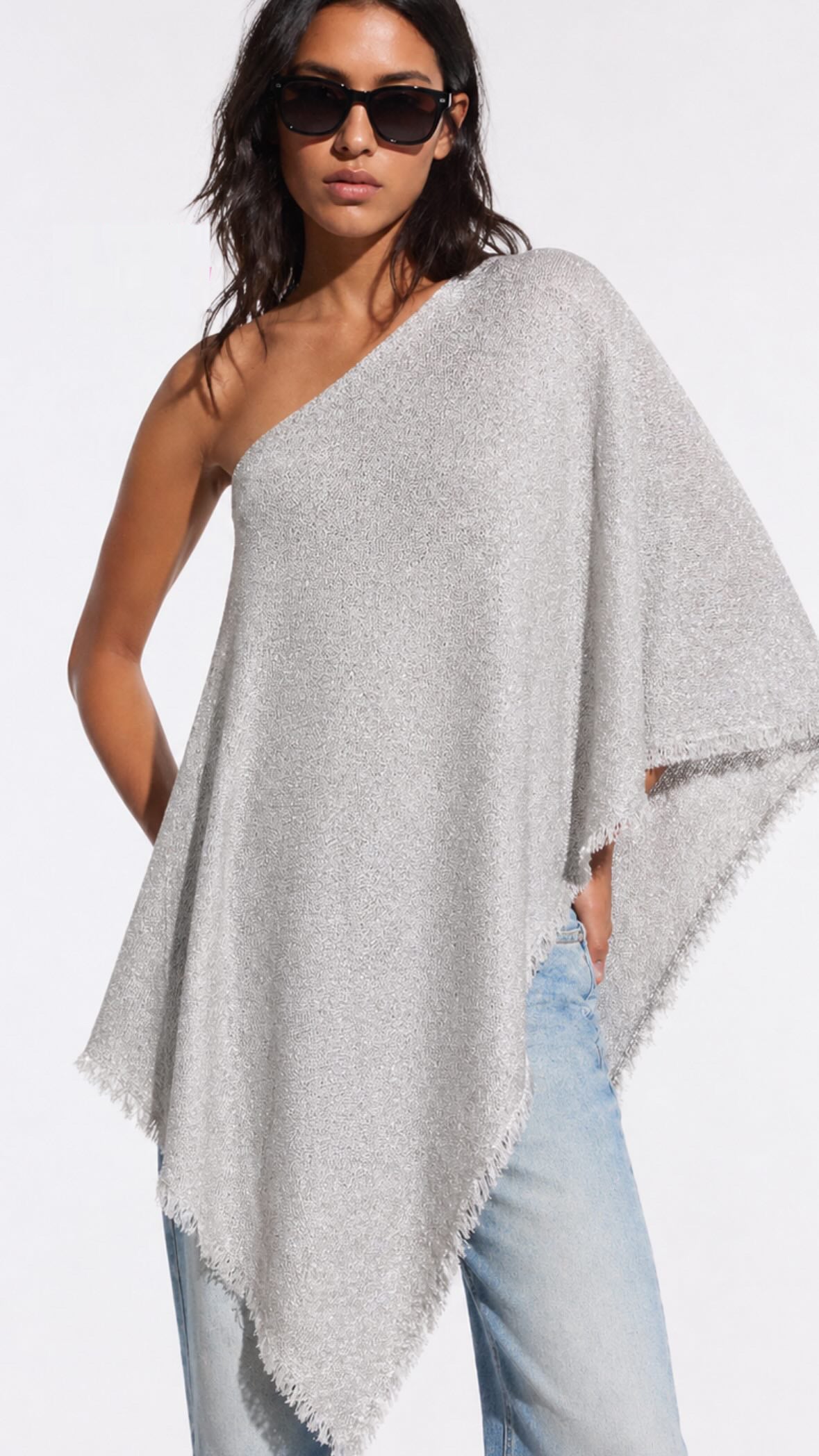 One-Shoulder Metallic Knit Poncho Top