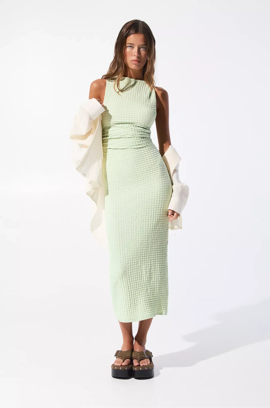 Textured Tie Shoulder Midaxi Dress
