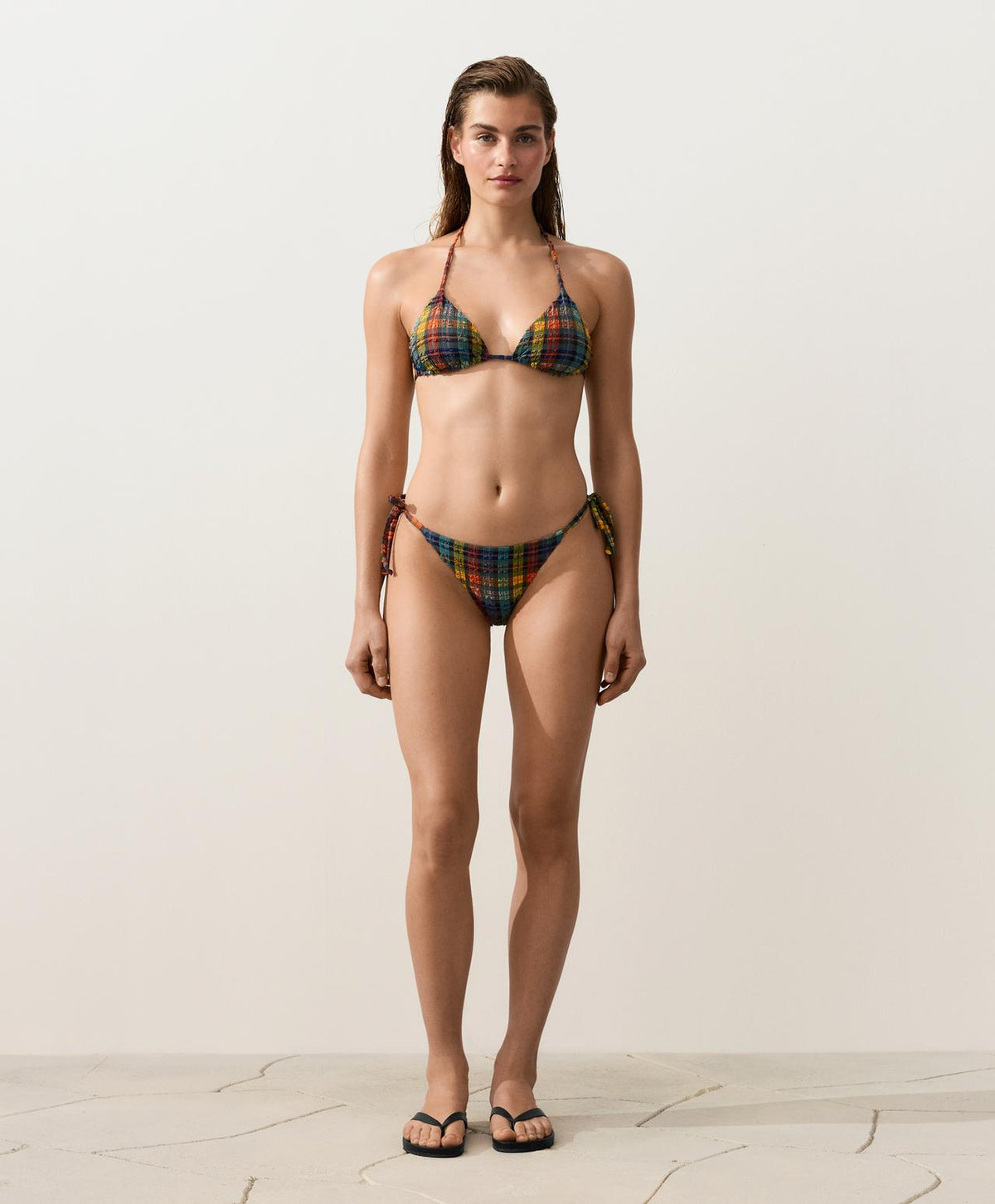 Textured check print triangle bikini