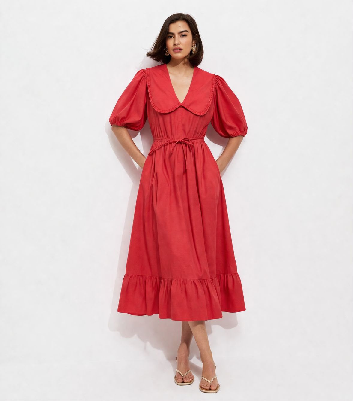 Red Statement-Collar Midi Dress