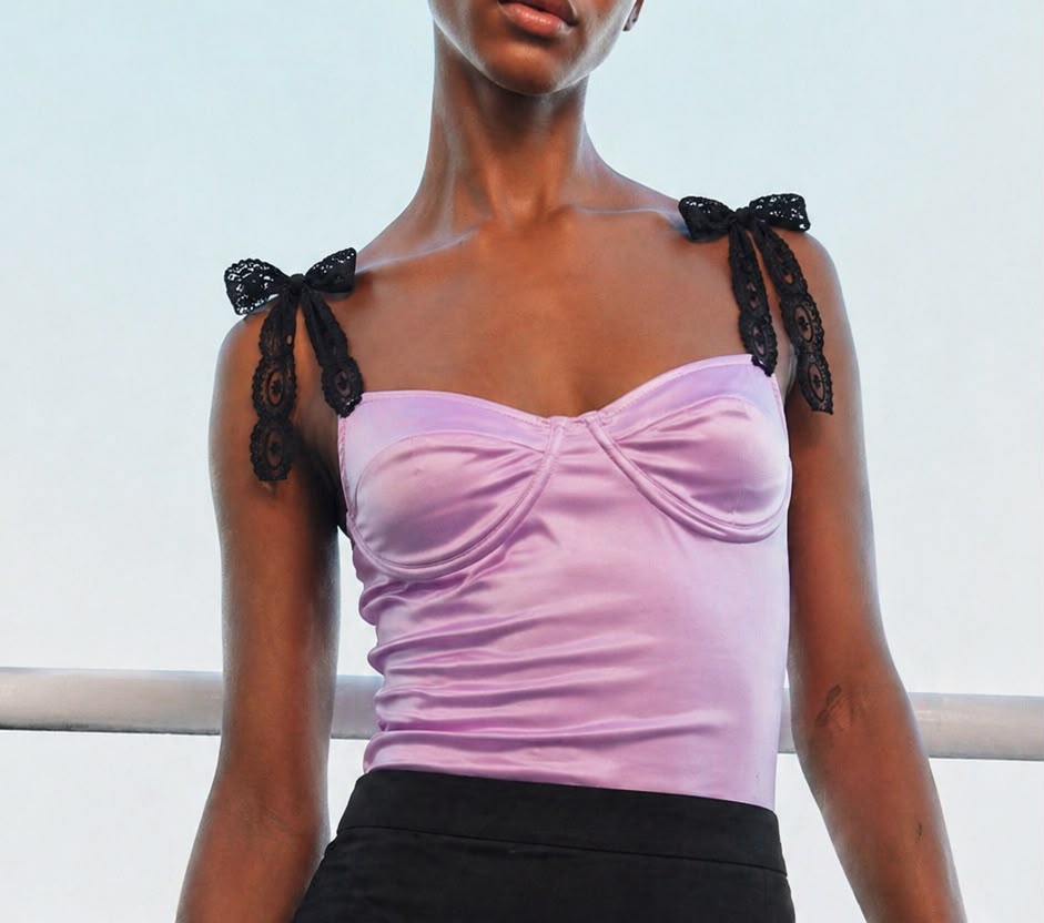 Lilac Satin Lace-Strap Bodysuit